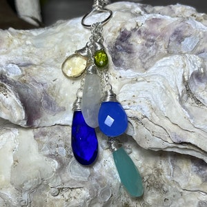 6 Gemstone &quot;Sea glass&quot; collection. Talisman necklace: Teal & Blue Chalcedony, Kyanite, Moonstone, Citrine, Peridot on Sterling Silver
