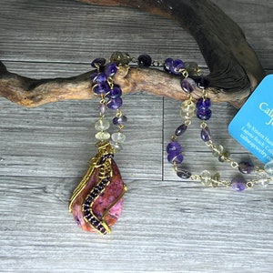 Wire-wrapped gemstone pendant amethyst lemon quartz clear quartz rondelle beads statement necklace unique one-of-a-kind gift CaliSea Jewelry
