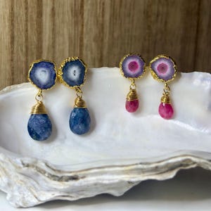 Gold-Edged Solar Agate Earrings • Wire-Wrapped Gemstone Dangles, Crystal Studs