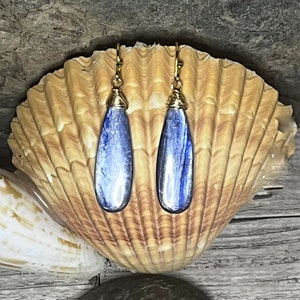 Deep Blue Kyanite Long Oval Gemstone Drop Wire-Wrapped Earrings 14 Gold Filled handmade in USA Unique Gift for Her