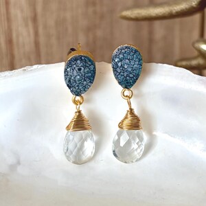 Druzy Green Agate Gemstone Earrings • Wire-Wrapped Faceted Raw Emerald and Clear Quartz Drops