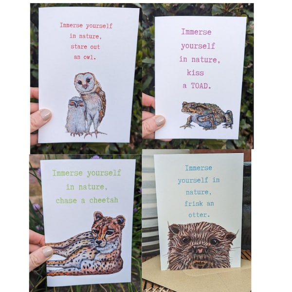 Set of 4 Any Occasion Cards, Hand Painted in soft pastels, Wildlife Cards, Blank Inside, Otter, Toad, Owl and Cheetah