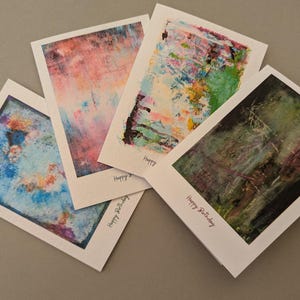 Set di 4 biglietti di auguri di buon compleanno, arte astratta, fatti a mano, formato A6 carino, originali e stravaganti, x4 design diversi, interno vuoto, spedizione gratuita