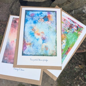 Set di tre biglietti, biglietti divertenti, qualsiasi occasione, fatto a mano, arte astratta, interno vuoto, carino formato A6, x3 diversi design