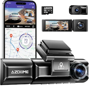 AZDOME M550 Dash Cam 3 canali, GPS WiFi integrato, con scheda da 64 GB, telecamera per cruscotto auto anteriore interna posteriore 1440P+1080P+1080P, 4K