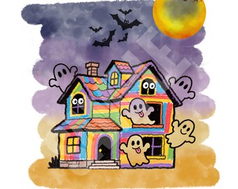 Haunted House Ghost PNG – Cute Halloween Clipart Digital Download – Funny Spooky Haunted House Sublimation Design for Printables & Crafts