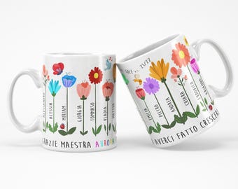 Regalo per Maestra  – Idea Tazza Personalizzata con Fiori e Nomi dei Bambini