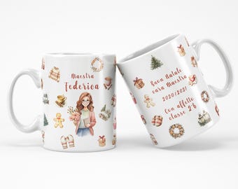 Tazza Personalizzata per la Maestra con Nome, Dedica, Ritratto stilizzato e Decori Natalizi – Idea Regalo Natale per Maestre
