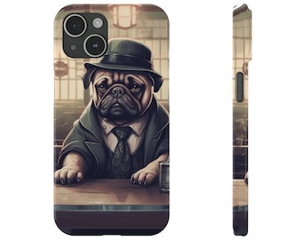 Funda para iPhone Mobster Pug/Fundas para teléfono delgadas/Cubierta para teléfono Gangster Pug/Funda para teléfono Pug con atuendo de mafia/Pug Mob Boss Vinilo para iPhone
