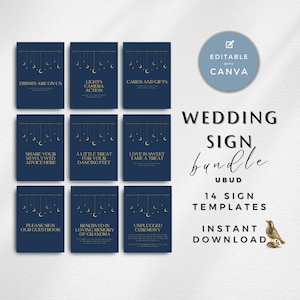 May include: A navy blue wedding sign bundle with gold text and moon and star designs. The bundle includes 14 sign templates with phrases like "Drinks are on Us" and "Cards and Gifts". The words "Wedding Sign Bundle" are also visible.