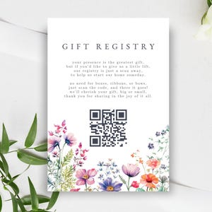 Modelo de cartão de lista de presentes com código QR, cartão de poço dos desejos de casamento com flores silvestres, cartão de inserção de casamento botânico, anexo para impressão, LYON