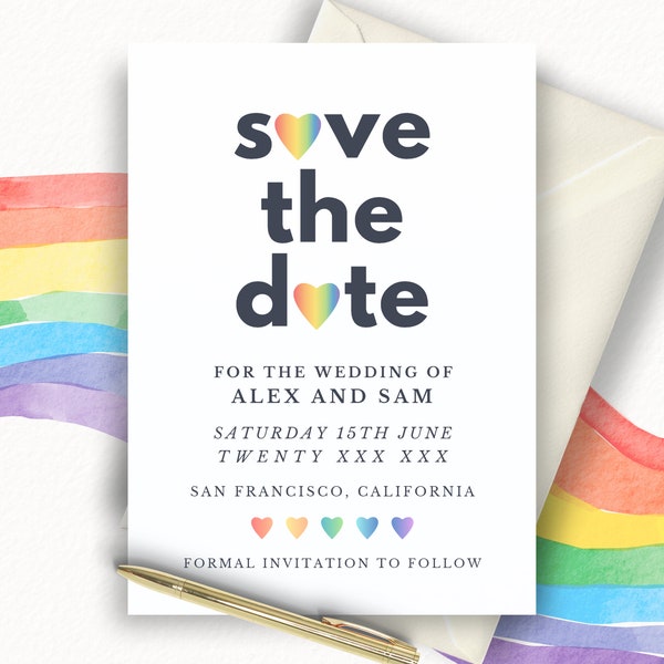 LGBTQ Wedding Save the Date Invitation Template, Gay Wedding Announcement Card, Rainbow Pride Party Invite, Canva Design, SAN FRANCISCO