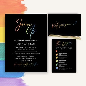 LGBTQ Wedding Invitation Bundle Template, Rainbow Wedding Invite, Gay Details Card, Black RSVP Postcard, Canva Design Download, DIY, Madrid