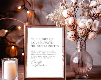 May include: A rectangular copper-toned frame containing a white sign with black text that reads: THE LIGHT OF LOVE ALWAYS SHINES BRIGHTLY. THIS FLAME REPRESENTS THE LIGHT OUR LOST LOVED ONES BROUGHT INTO OUR LIVES SO WE CAN REMEMBER THEM ON THIS SPECIAL OCCASION. Camille and Theodore.