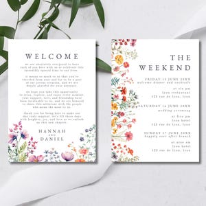Modèle de lettre de bienvenue de mariage, carte de détails de mariage à destination, itinéraire de voyage de week-end de mariage de fleurs sauvages, note florale de sac de bienvenue LYON