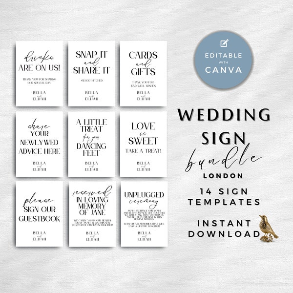 Minimalist Wedding Signage Bundle, Modern Wedding Sign, Editable Wedding Sign Template, Reception Sign Bundle, Ceremony Décor, Canva, LONDON
