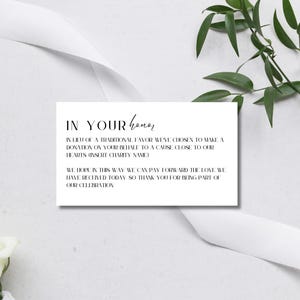 In plaats van de gunst kaartsjabloon, minimalistische donatiekaart bruiloft liefdadigheid, zwart-wit gunstkaart huwelijkscadeau, details bruiloft, LONDEN