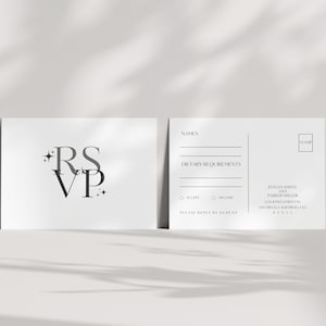 Modelo de cartão postal RSVP, convite minimalista para casamento, cartão RSVP para convite de casamento moderno, envelope preto e branco para casamento, Nova York