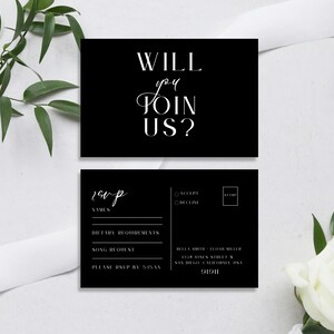 RSVP Postcard Template, Modern Wedding Invitation Insert Card, Black and White Wedding Invite Enclosure Card, Reply Card, LONDON BLACK