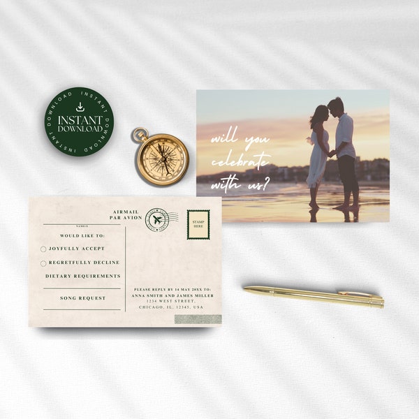 Destination Wedding RSVP Postcard, Travel Theme Invitation Reply Insert with Couple Photo, Ceremony Invite Enclosure, Details Card, TULUM