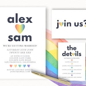 Modelo de pacote de convite de casamento LGBTQ, convite de casamento do mesmo sexo, cartão de detalhes do casamento arco-íris, cartão postal RSVP gay para impressão, São Francisco
