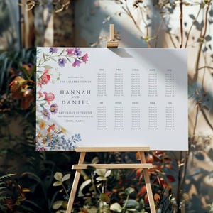 Modelo de mapa de assentos para casamento, sinalização botânica para casamento, placa personalizada para mesa de convidados com flores, placa de decoração para casamento com flores silvestres, LYON