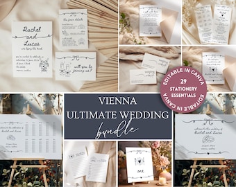 Wedding Bundle, Whimsical Wedding Invitation Templates, Hand Drawn Wedding Invite Insert Cards, Minimalist Wedding Sign Suite, Canva, VIENNA