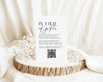 In Lieu of Gift Card with QR Code Template, Minimalist Wedding Invitation Insert Card, Black and White Charity Donation Gift Card, LONDON