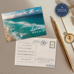 RSVP Card Template, Destination Wedding RSVP Postcard, Passport Wedding Invite Insert, Travel Theme Photo Enclosure Card, Reply Card, TULUM
