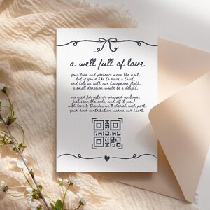 Wishing Well Karte mit QR-Code-Vorlage, wunderliche Hochzeitseinladung, handgezeichnete Hochzeitseinladung Flitterwochen-Fondskarte, Canva, WIEN