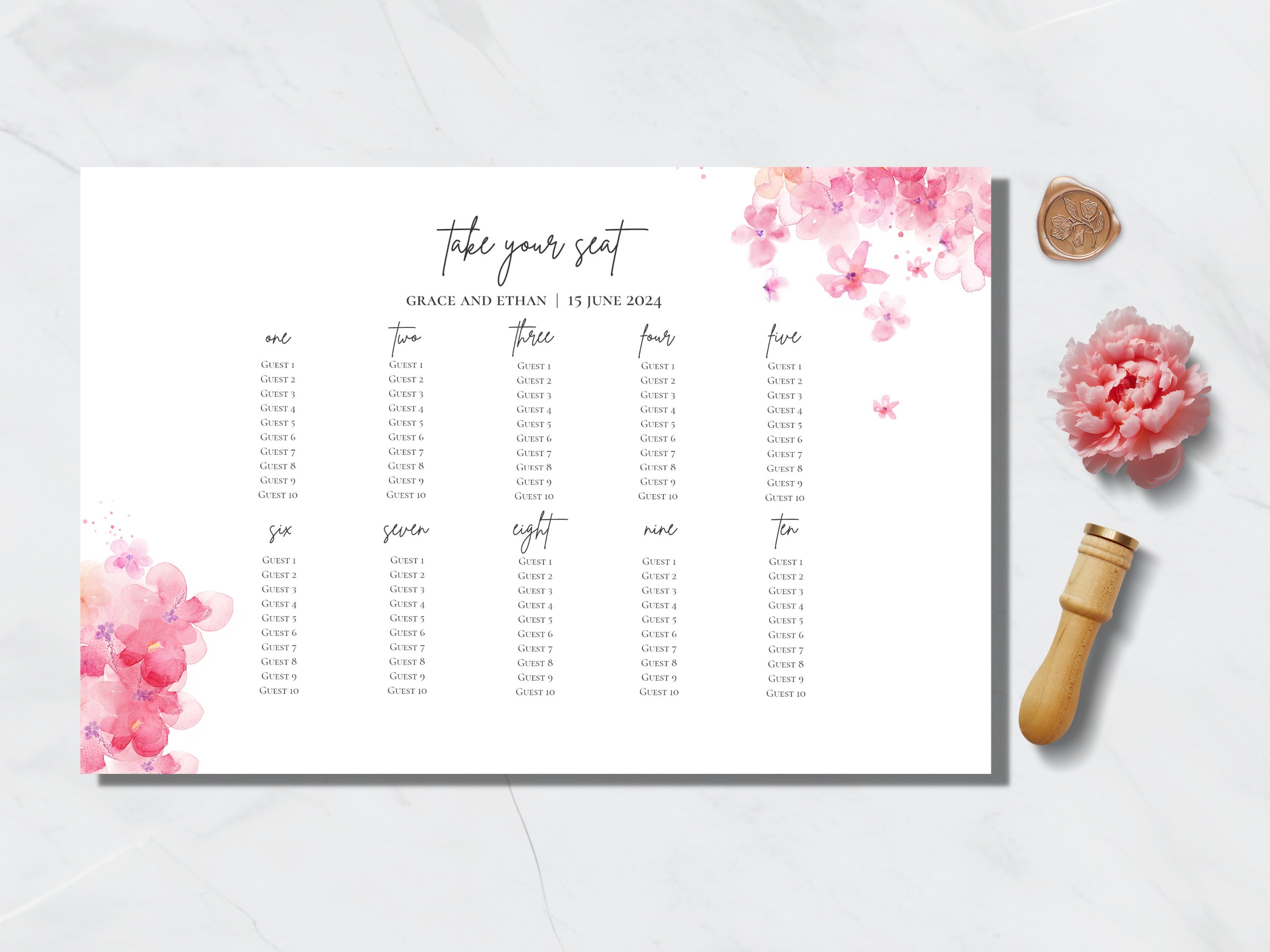Cherry Blossom Seating Chart Template Canva, Wedding Reception Seating