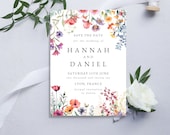 Save the Date Card Template, Wildflower Wedding Invitation, Botanical Save the Date Invite, Colorful Flowers Wedding Announcement Card, LYON
