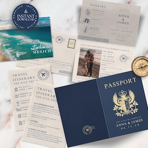Pacote de convites para passaporte, cartão com detalhes para casamento no destino, cartão postal para RSVP de casamento azul-marinho, convite para foto de casal, cronograma de itinerário faça você mesmo, TULUM