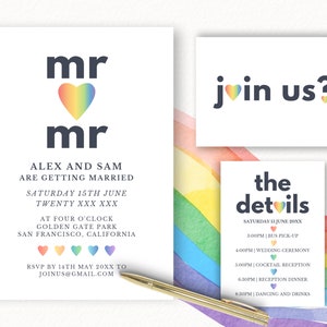 Modèle de lot de faire-part de mariage LGBTQ, ensemble d'invitations à un mariage homosexuel, carte de détails de mariage arc-en-ciel, carte postale Gay RSVP, Canva, San Francisco