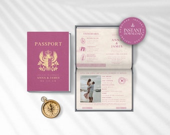 Passport Wedding Invitation Canva, Destination Wedding Invite Template, Unique Travel Theme Bridal or Baby Shower, Classic Pink, TULUM