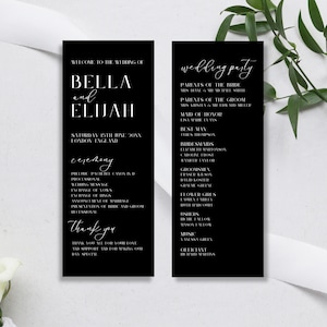 Hochzeitsprogramm-Vorlage, moderne Hochzeits-Order of Service-Karte, Schwarz-Weiß-Reiseplan-Timeline, Info zu langer Hochzeitszeremonie, LONDON BLACK