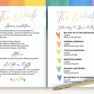 Modelo de cartão de detalhes de casamento LGBTQ, cartão de itinerário de fim de semana de casamento gay, inserção de convite de casamento arco-íris, acomodação, MADRID