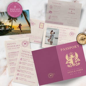 Passport Wedding Invitation Bundle Template, Pink Destination Wedding Invite, Couple Photo RSVP Postcard, Travel Wedding Details Card, TULUM