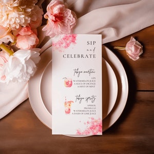 Plantilla de menú de cócteles para bodas, menú de bar Cherry Blossom, lista de bebidas exclusivas imprimible, menú de cócteles para bodas con decoración en rosa ruborizado, TOKIO