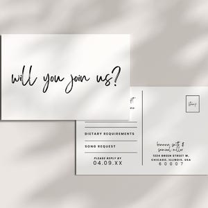 Modelo de cartão postal para RSVP de casamento, cartão de RSVP para convite de casamento estilo boho, encarte para RSVP de convite de casamento em preto e branco, cartão de resposta anexo, Amalfi