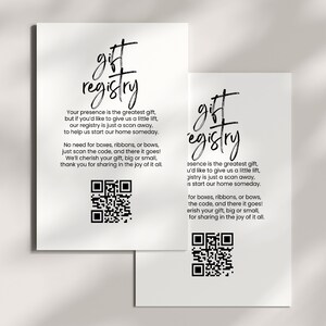 Modelo de código QR para cartão de registro de presentes, cartão de desejo de casamento boho, encarte de convite de casamento preto e branco, cartão para impressão, AMALFI