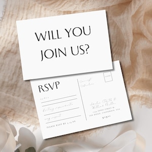 Sjabloon RSVP-briefkaart, klassieke huwelijksuitnodiging insteekkaart, zwart-wit bijsluitkaart bruiloft uitnodiging, DIY afdrukbaar antwoord, SYDNEY