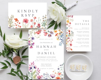 Wedding Invitation Template Bundle, Wildflower Wedding Invite, Floral Wedding Details Card, Botanical RSVP Postcard, DIY Wedding Suite, LYON