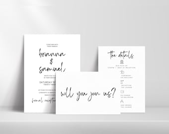 Ensemble d'invitations de mariage minimalistes, invitation de mariage en noir et blanc, modèle de carte-réponse et de carte d'informations, AMALFI