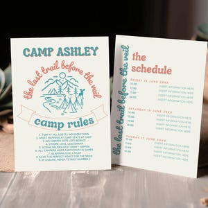 Kaartsjabloon vrijgezellenfeest details, tijdlijn vrijgezellenfeest kamp, Coastal Cowgirl vrijgezelleninfokaart, Glamping Hens, ASPEN