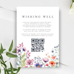 Szablon karty Wishing Well z kodem QR, Wildflower Wedding Honeymoon Fund Card, Botaniczna wkładka ślubna, Załącznik do wydruku, LYON
