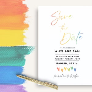 Gay Wedding Save the Date Card, LGBTQ Wedding Invitation Template, Pride Wedding Invite, Rainbow Invitation, Save Our Date, Canva, MADRID