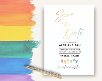 Gay Wedding Save the Date Card, LGBTQ Wedding Invitation Template, Pride Wedding Invite, Rainbow Invitation, Save Our Date, Canva, MADRID