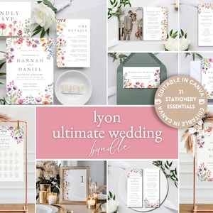 Wedding Bundle, Wildflower Wedding Invitation Templates, Botanical Wedding Invite Insert Cards, Floral Wedding Sign Suite, Canva DIY, LYON