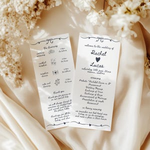 Modèle de programme de mariage, chronologie d'itinéraire de mariage fantaisiste, carte d'ordre de service dessinée à la main, message de remerciement et note commémorative VIENNE